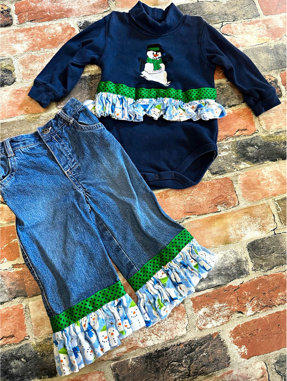 Girls 2-Piece Snowman Bodysuit & Denim Pants Set Custom Made Size 12months